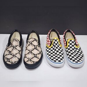 Vans Black and Cream Slip-On Sneakers